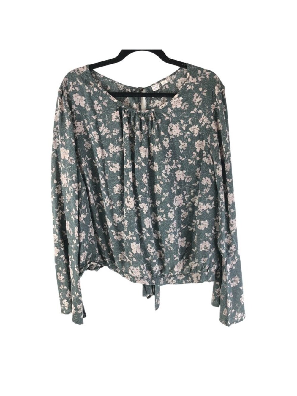 Melrose and Market Womens Blouse Top Long Bell Sleeve Open Back Floral Green 3X